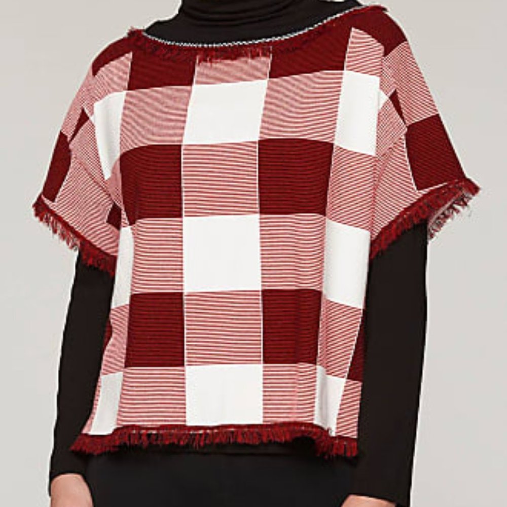 Ming Wang women's M boxy knit fringe short sleeved checkered tunic shirt